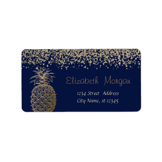 Stylish Gold Diamonds Gold Pineapple Navy Blue Etiket (Voorkant)
