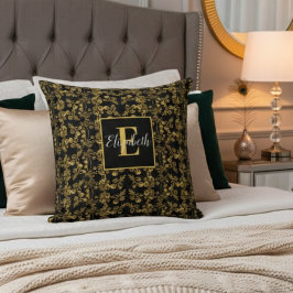 Stylish Gold en black damask swirl Monogramed Kussen