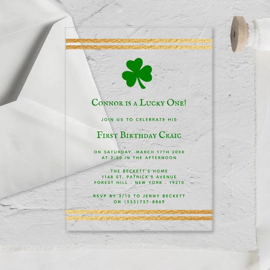 Stylish Gold Foil St. Patrick's Day 1st Birthday Acryl Uitnodigingen