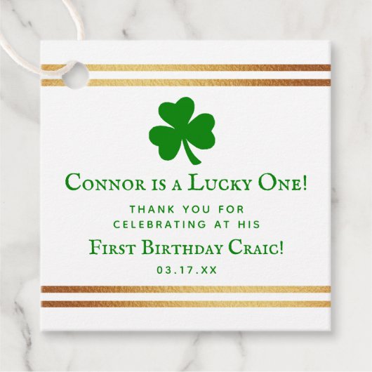 Stylish Gold Foil St. Patrick's Day 1st Birthday Bedankjes Labels (Voorkant)