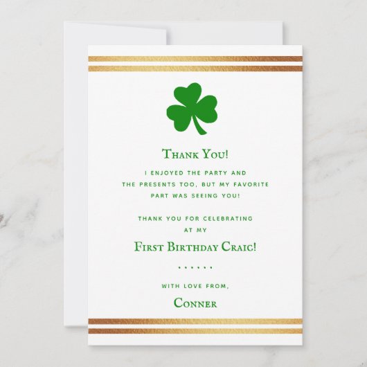 Stylish Gold Foil St. Patrick's Day 1st Birthday Bedankkaart (Voorkant)