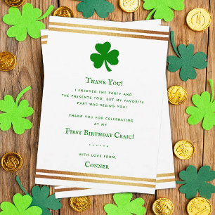 Stylish Gold Foil St. Patrick's Day 1st Birthday Bedankkaart