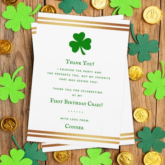 Stylish Gold Foil St. Patrick's Day 1st Birthday Bedankkaart