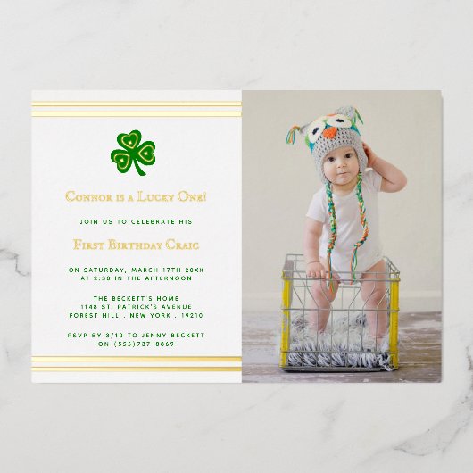 Stylish Gold Foil St. Patrick's Day 1st Birthday Folie Uitnodiging (Voorkant)