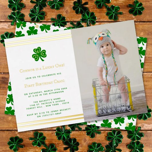 Stylish Gold Foil St. Patrick's Day 1st Birthday Folie Uitnodiging