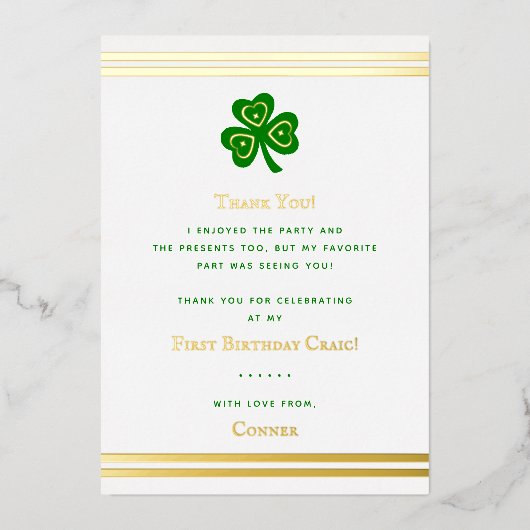 Stylish Gold Foil St. Patrick's Day 1st Birthday Folie Uitnodiging (Voorkant)
