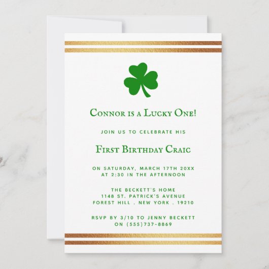 Stylish Gold Foil St. Patrick's Day 1st Birthday Kaart (Voorkant)