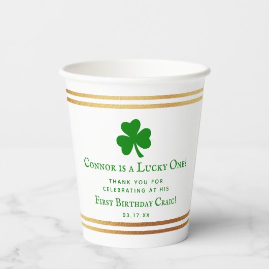 Stylish Gold Foil St. Patrick's Day 1st Birthday Papieren Bekers (Achterkant)