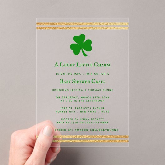 Stylish Gold Foil St. Patrick's Day Baby shower Acryl Uitnodigingen (Insitu (Draagbaar))
