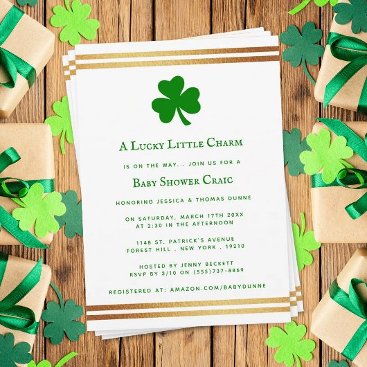 Stylish Gold Foil St. Patrick's Day Baby shower Kaart