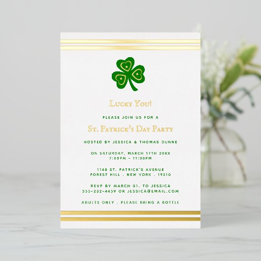 Stylish Gold Foil St. Patrick's Day Party Real Folie Uitnodiging (Staand Voorkant)
