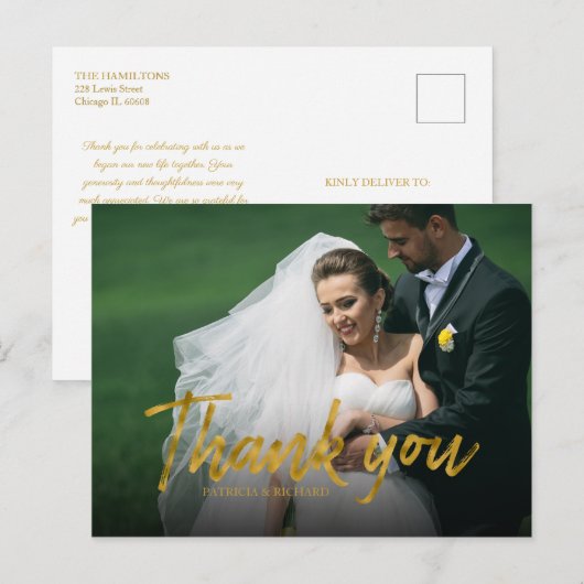 Stylish Gold Foil Wedding Bedankt Foto Briefkaart (Voorkant / Achterkant)