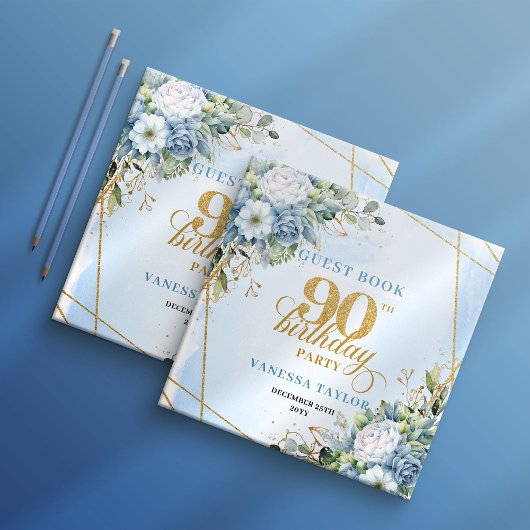 Stylish Gold Glitter Frame Dusty Blue 90 Birthday Gastenboek