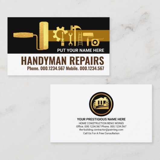 Stylish Gold Handyman Tools Home Renovation Visitekaartje (Voorkant / Achterkant)