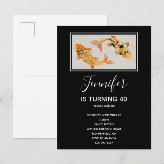 Stylish Gold Koi Fish Birthday Uitnodiging Briefkaart (Voorkant / Achterkant)