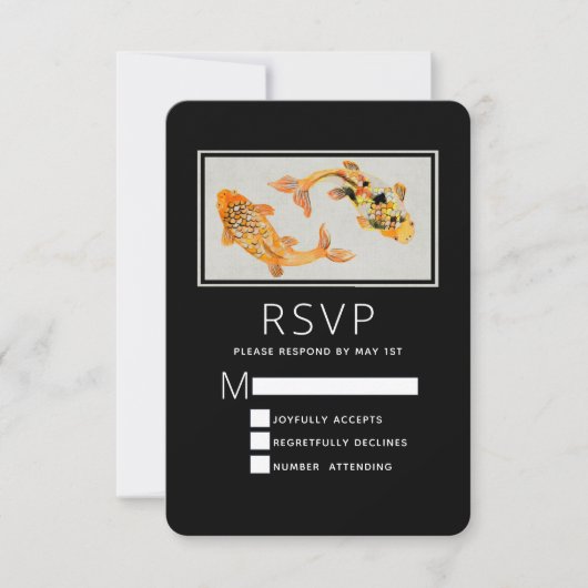 Stylish Gold Koi Fish Wedding RSVP Kaartje (Voorkant)