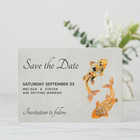 Stylish Gold Koi Fish Wedding Save The Date (Staand voorkant)