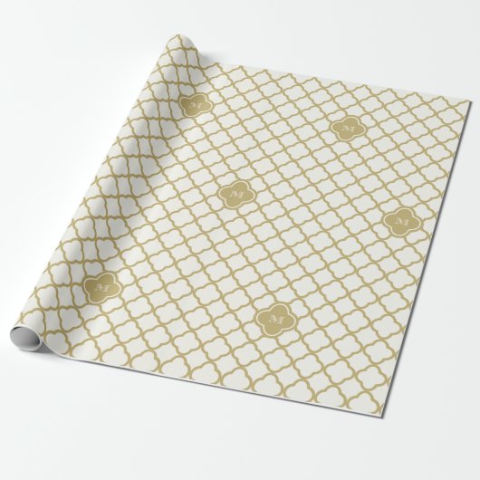 Stylish Gold Quatrefoil Pattern Weddenschap Monogr Cadeaupapier (Uitgerold)