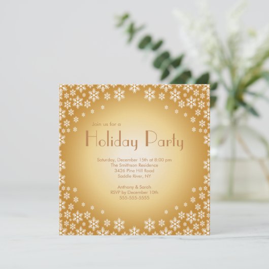 Stylish Gold Snowflakes Holiday Party Invitation Kaart (Staand voorkant)