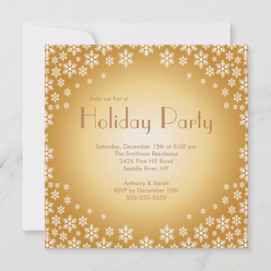 Stylish Gold Snowflakes Holiday Party Invitation Kaart (Voorkant)