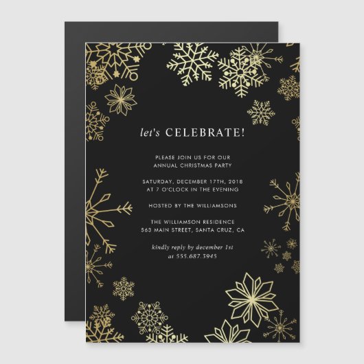 Stylish Gold Snowflakes kerstfeest Magnetische Uitnodiging (Voorkant / Achterkant)
