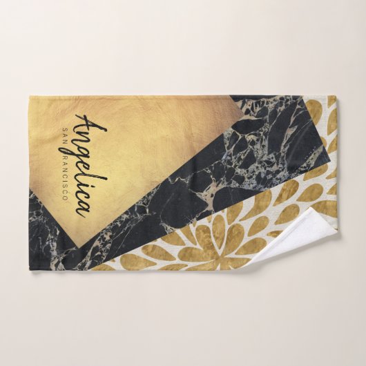 Stylish Gold Teardrop Verf Black Marble Monogram Handdoek (Handdoek)