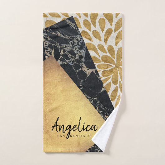 Stylish Gold Teardrop Verf Black Marble Monogram Handdoek (Handdoek)