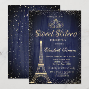 Stylish Gold Tiara Confetti Eiffel Towel Sweet 16 Kaart