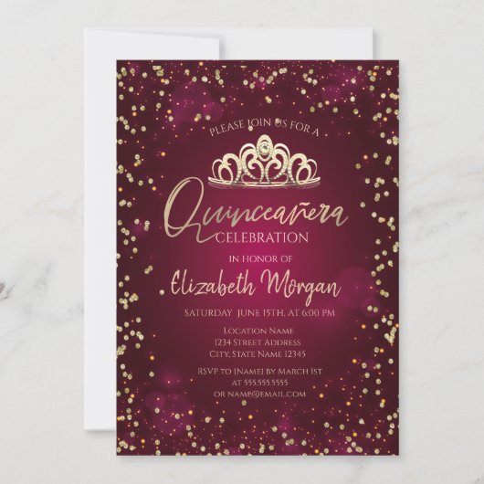 Stylish Gold Tiara, Diamonds Burgundy Quinceañera Kaart (Voorkant)