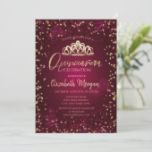 Stylish Gold Tiara, Diamonds Burgundy Quinceañera Kaart (Staand voorkant)