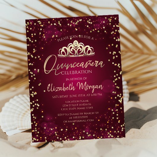 Stylish Gold Tiara, Diamonds Burgundy Quinceañera Kaart