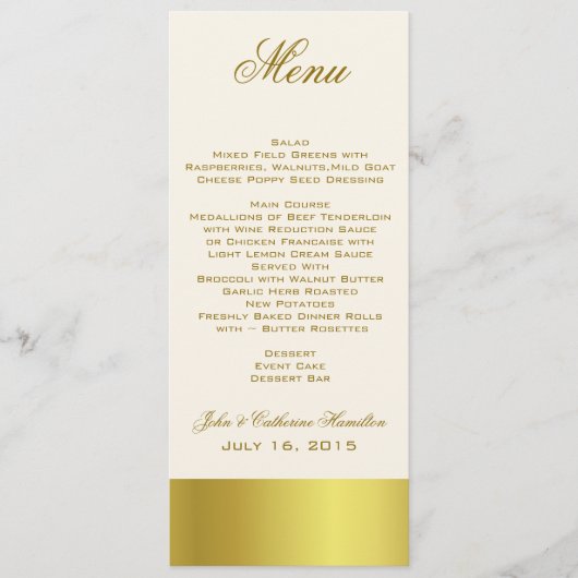 Stylish Gold Tone Skinny Wedding Table Menu (Voorkant)