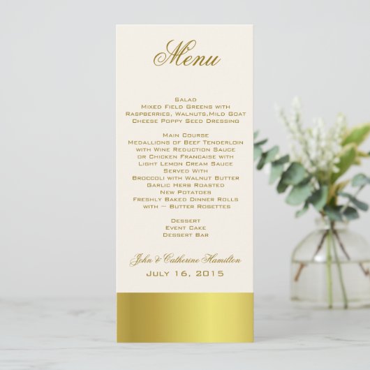 Stylish Gold Tone Skinny Wedding Table Menu (Staand voorkant)