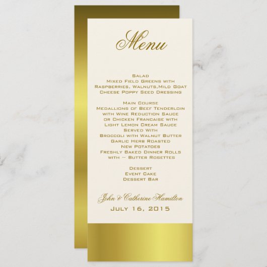 Stylish Gold Tone Skinny Wedding Table Menu (Voorkant / Achterkant)