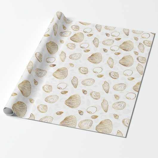 Stylish Gold White Seashells Pattern Cadeaupapier (Uitgerold)