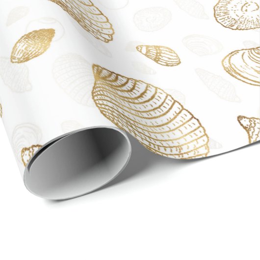 Stylish Gold White Seashells Pattern Cadeaupapier (Rol Hoek)