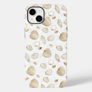 Stylish Gold White Seashells Pattern Case-Mate iPhone 14 Plus Hoesje