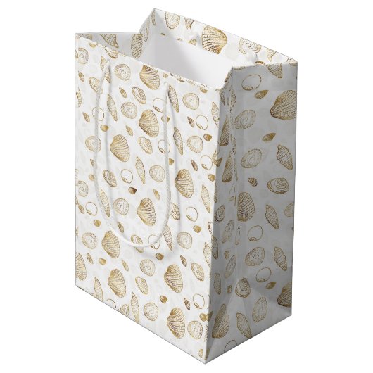 Stylish Gold White Seashells Pattern Medium Cadeauzakje (Achterkant Gekanteld)