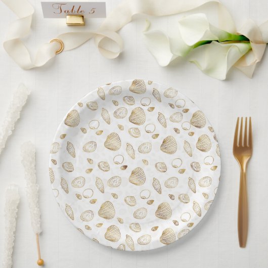 Stylish Gold White Seashells Pattern Papieren Bordje (Huwelijk)
