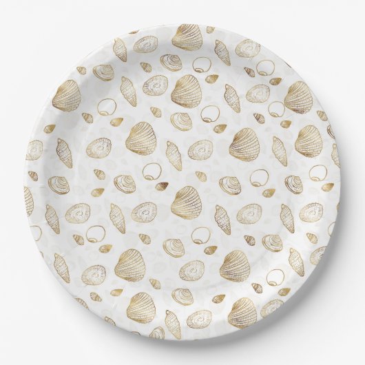Stylish Gold White Seashells Pattern Papieren Bordje (Voorkant)
