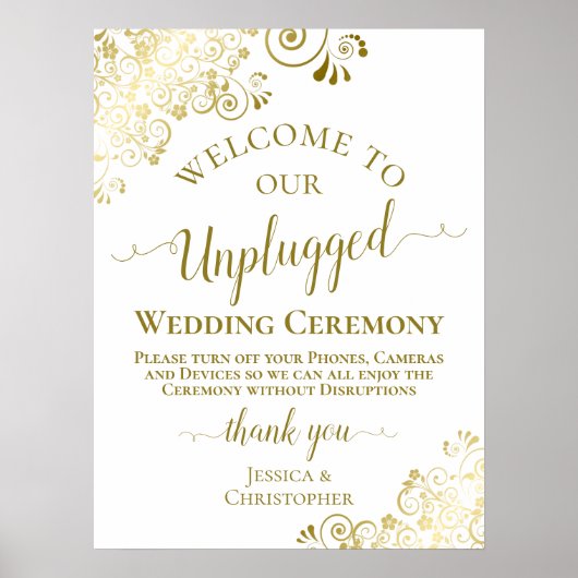 Stylish Gold & White Unplugged Wedding Ceremony Poster (Voorkant)