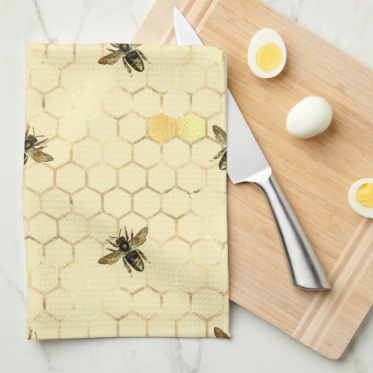Stylish Gold Yellow bees Honeycomb Theedoek (Quarter Fold)
