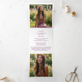 Stylish Graduation Cap Plum Tones & Gold  Drieluik Aankondiging