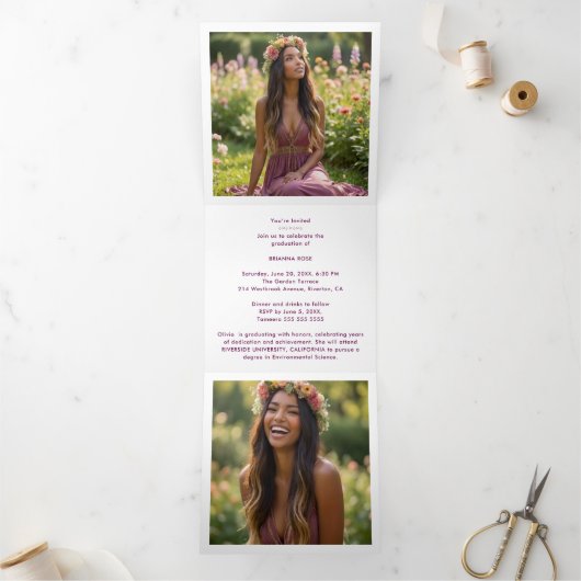 Stylish Graduation Cap Plum Tones & Gold  Drieluik Aankondiging (Binnen)