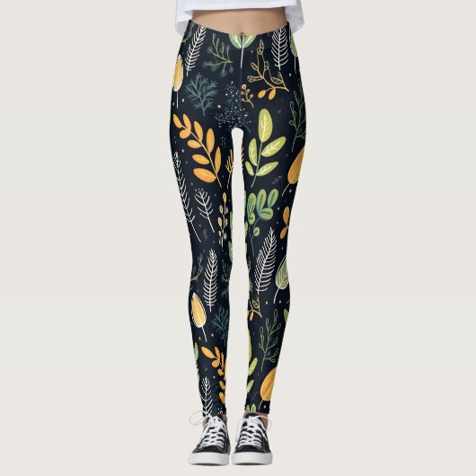Stylish Green and Yellow Foliage Pattern  Leggings (Voorkant)