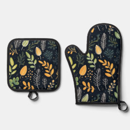 Stylish Green and Yellow Foliage Pattern  Ovenwant & Pannenlap Set