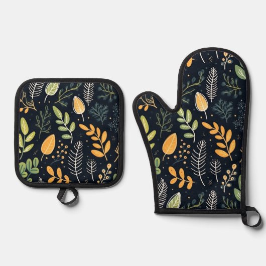Stylish Green and Yellow Foliage Pattern  Ovenwant & Pannenlap Set (Voorkant)