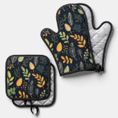 Stylish Green and Yellow Foliage Pattern  Ovenwant & Pannenlap Set (Voorkant / Achterkant)