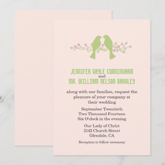 Stylish Green Tortelduifjes Wedding Invitation Kaart (Voorkant / Achterkant)