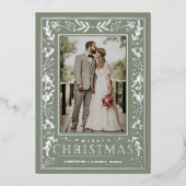 Stylish Greenery Christmas Photo Silver Folie Feestdagenkaart (Voorkant)